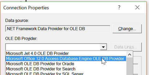 Microsoft.ACE.OLEDB.12.0 OLEDB driver selection for comparing Excel spreadsheets