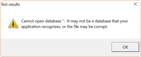Cannot open database ''. It may not be a database that your application recognizes, or the file may be corrupt.