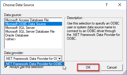 Selection of the previously created ODBC connection in SelectCompare