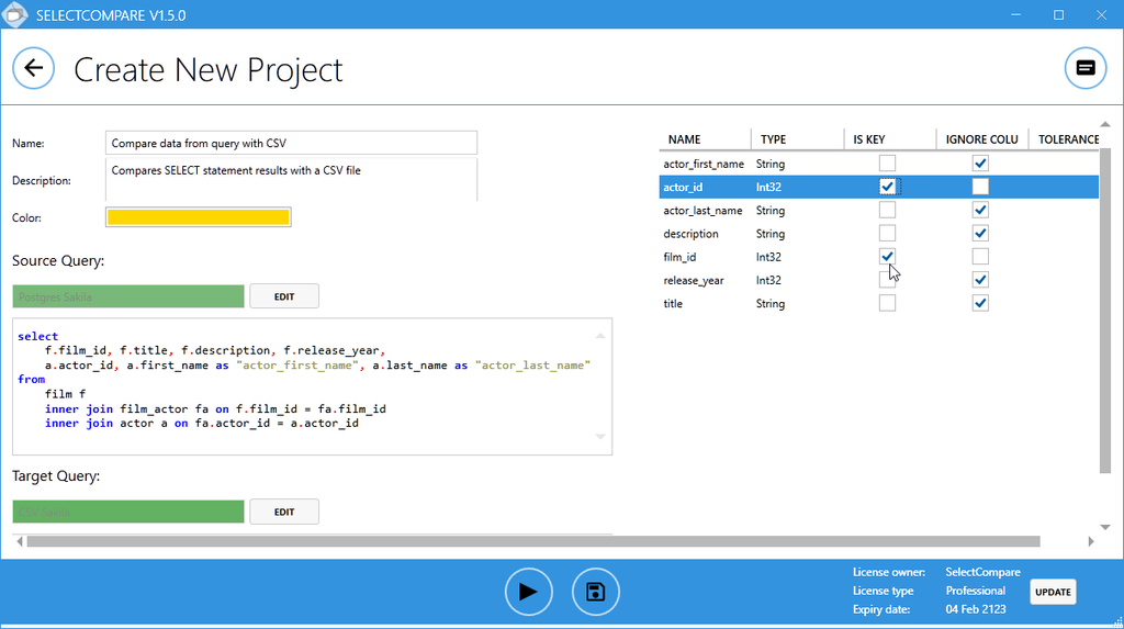 Selection of key attributes in the comparison project in SelectCompare.