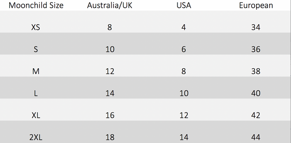 Moonchild Size Guide - Size Chart – Moonchild Yoga Wear