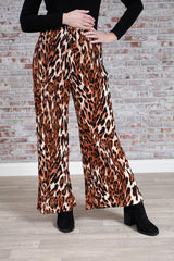 Tan Leopard Pleat Palazzo Trousers