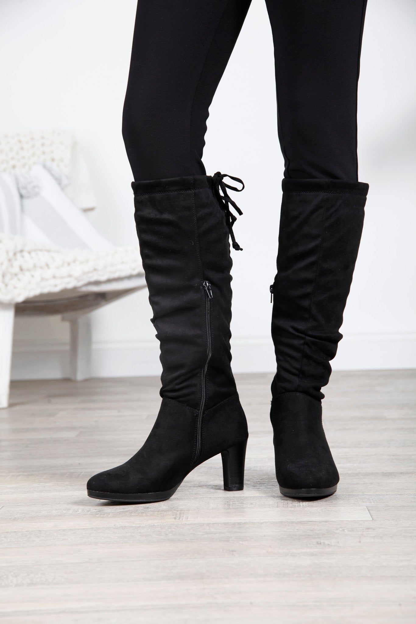 Black Slouch Knee High Heeled Boots - bestacaiberryselect
