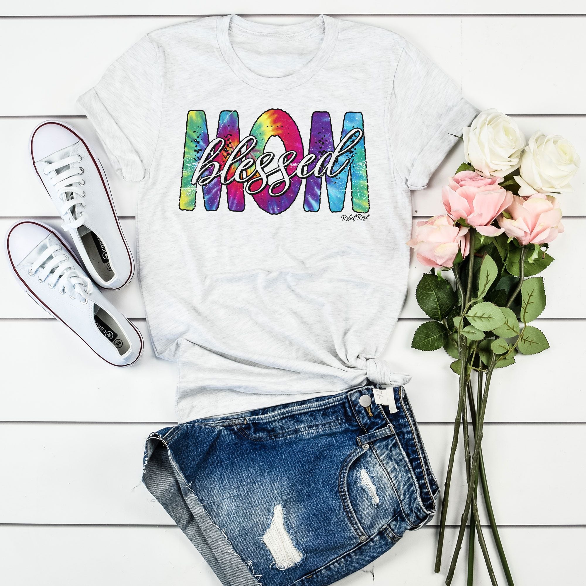 Tie Dye Blessed Mom on Ash Grey