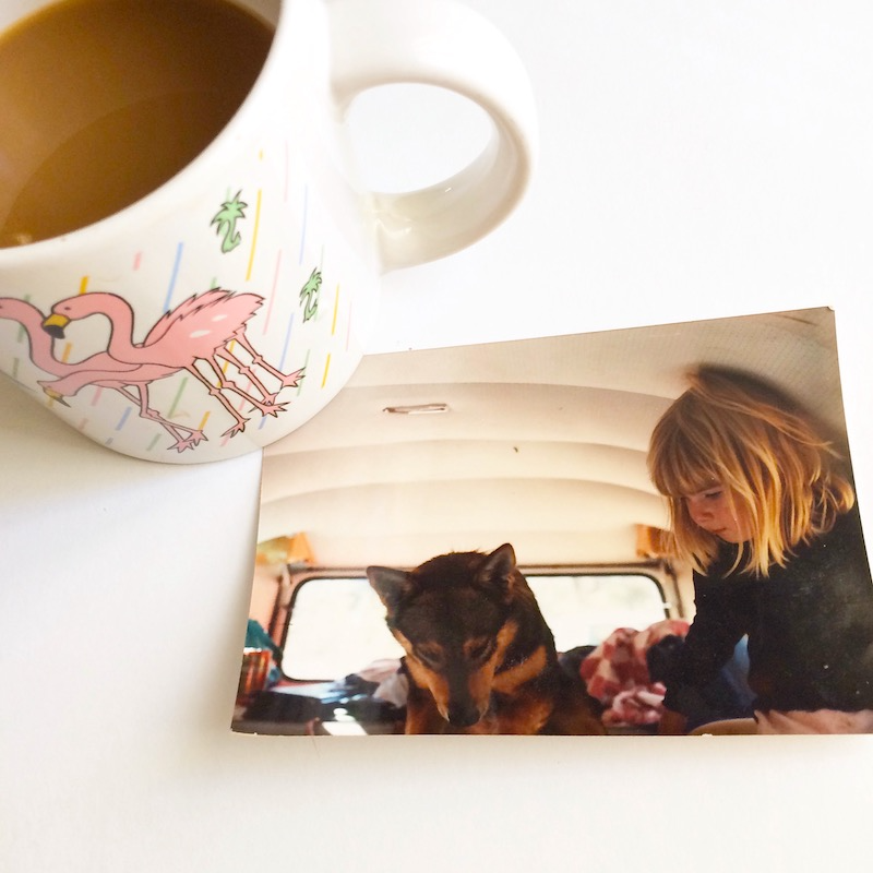 photo of Leela at about 7 years old and her dog Maggie in a volkswagen bus