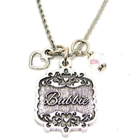 Bubbie Victorian Scroll With Open Heart And Crystal 20" Stainless Steel Rope Necklace