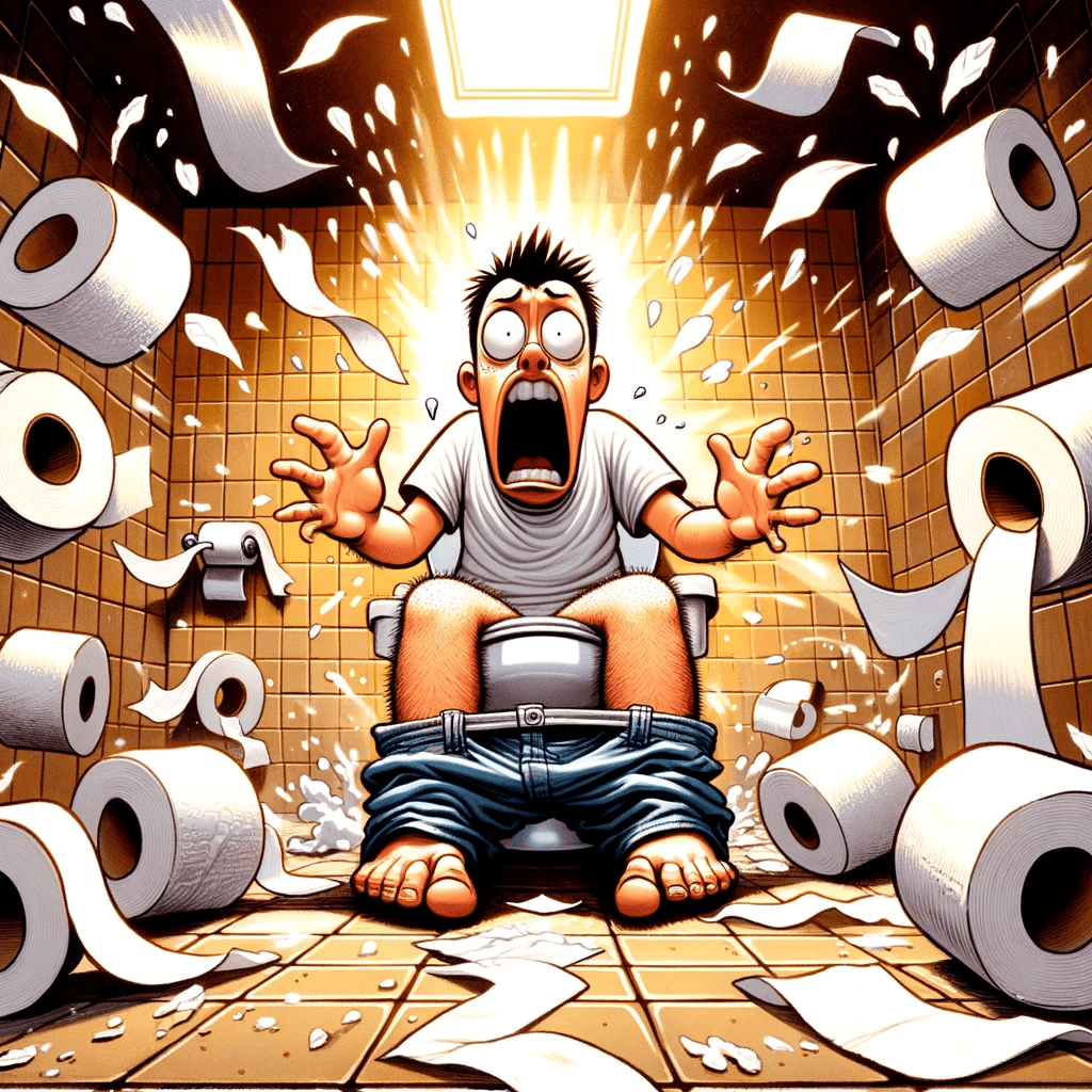 A cartoon image of a comical bathroom scene that captures the essence of a man on the toilet with toilet paper flying around the image.