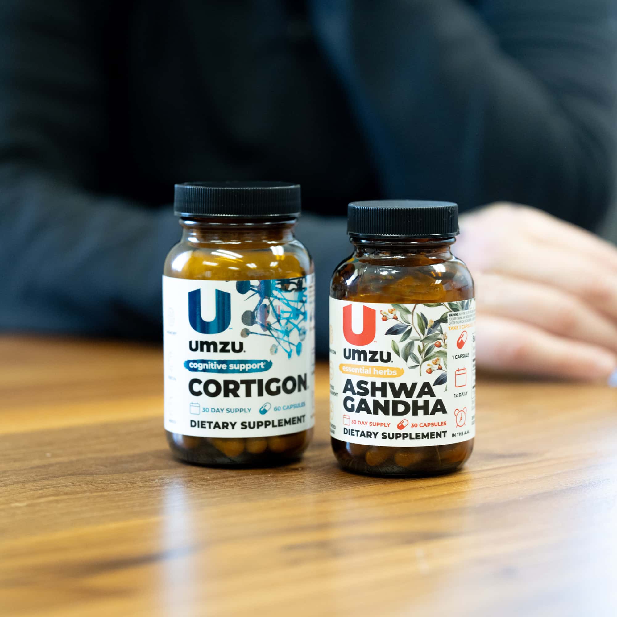 Image of Cortigon and Ashwagandha on a wood table