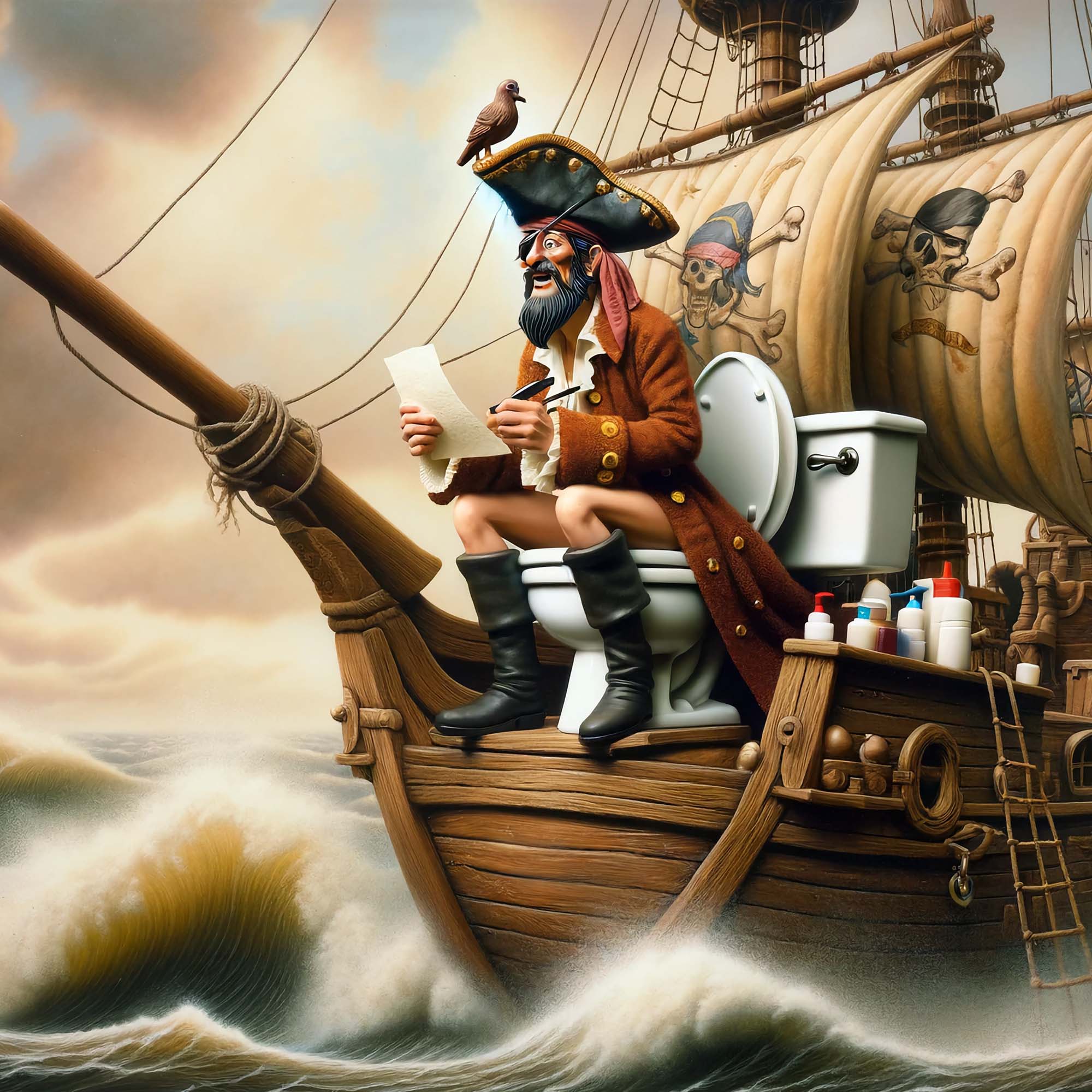 Cartoon image of a pirate on his ship while he is writing on a piece of paper while sitting on the toilet.