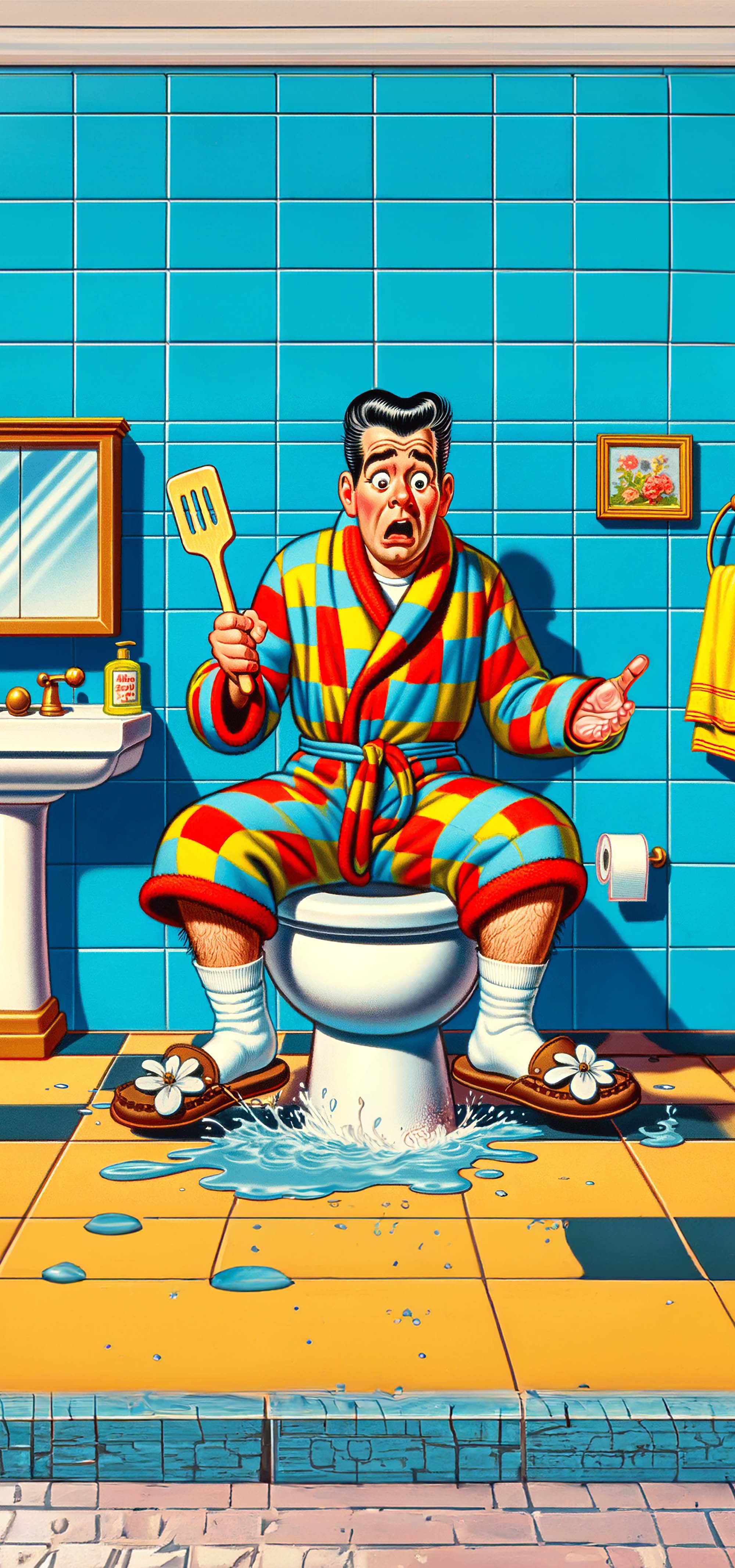 Cartoon image of a man sitting on his broken toilet with a spatula in his hand.