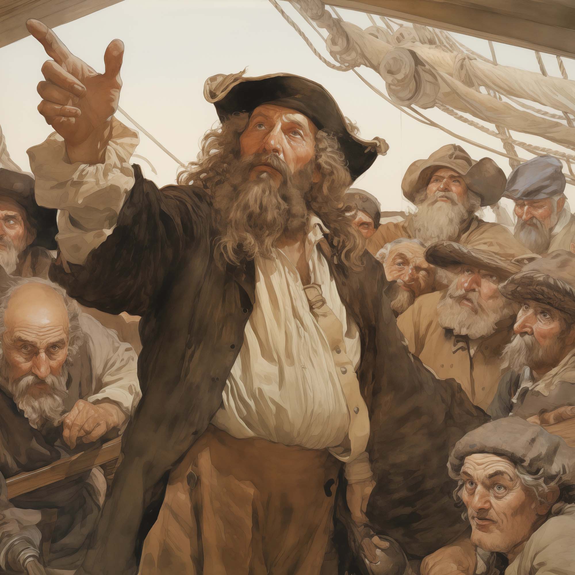 A painting of a sailor talking to his crew.