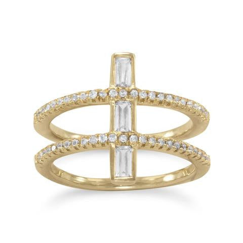 Sterling Silver Gold Tone Cubic Zirconia Double Cross Ring