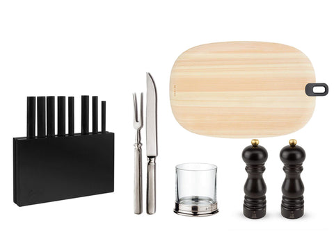 Cosi Tabellini Carving Set, Whiskey Crystal Glass, Hinoki Cutting Board, Duo Salt & Pepper Set, Cutipol Knife Set