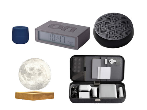 Lexon Mino Speaker, Gingko Smart Moon Lamp, Orbitkey Nest Desk Organiser, Lexon Flip Alarm Clock