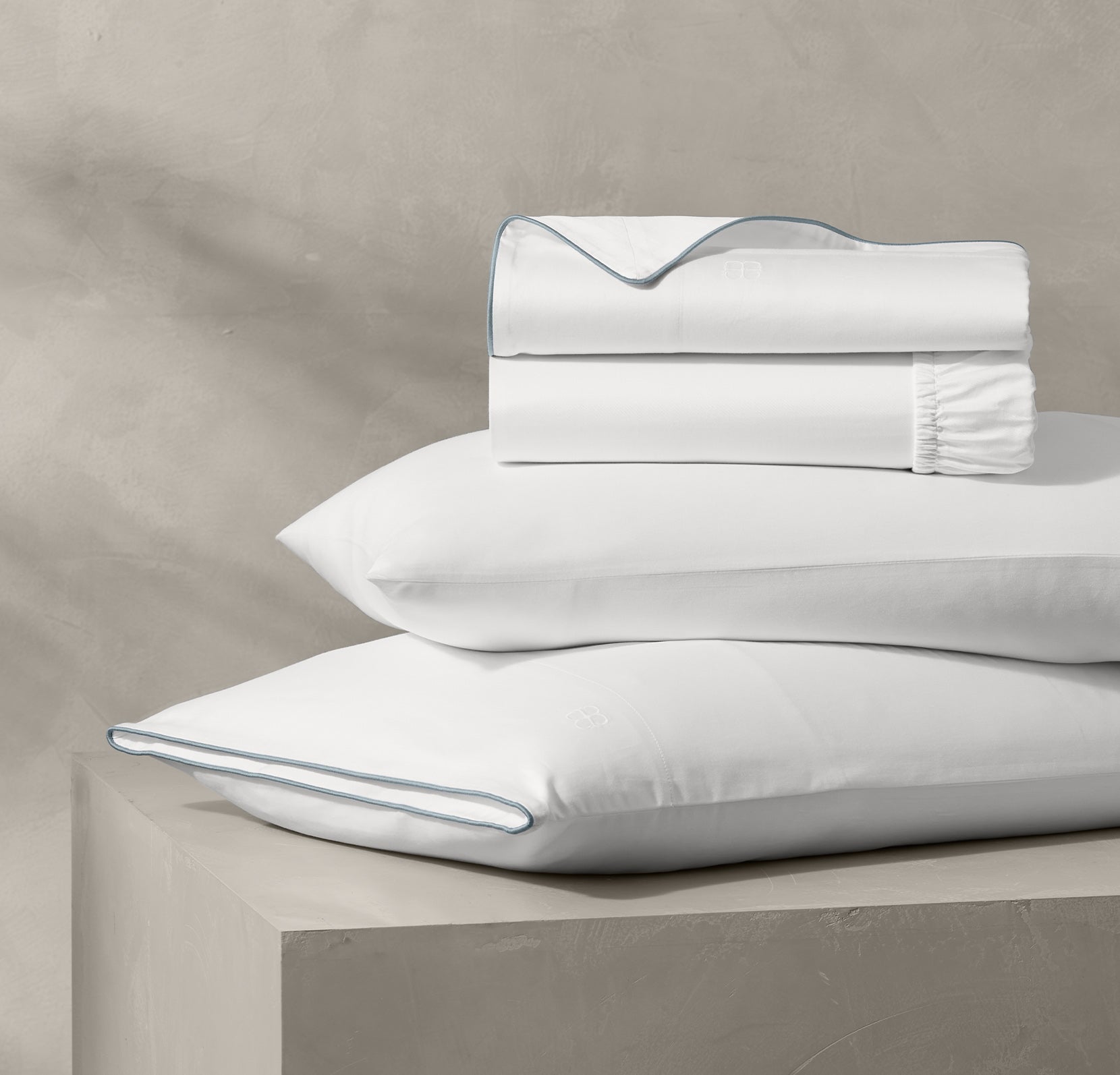 Reserve Embellished Sheet Set in White/Bluestone Piped Edge