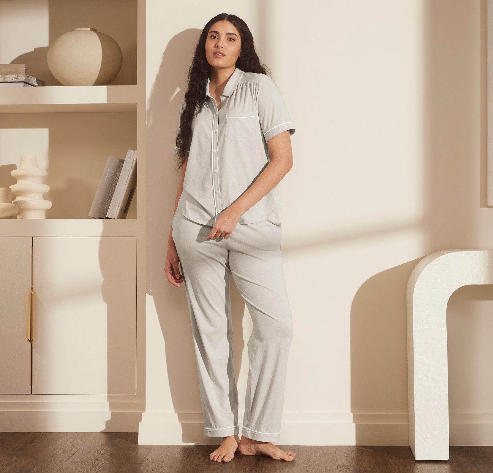 Women's Soft Cotton Knit Jersey Pajamas Lounge Set, Short Sleeve