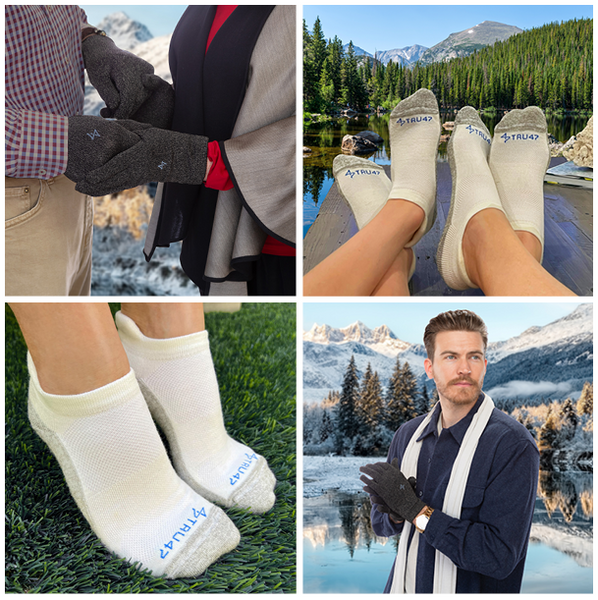 Men and Women Wearing TRU47 Silver Grounding Socks and Gloves