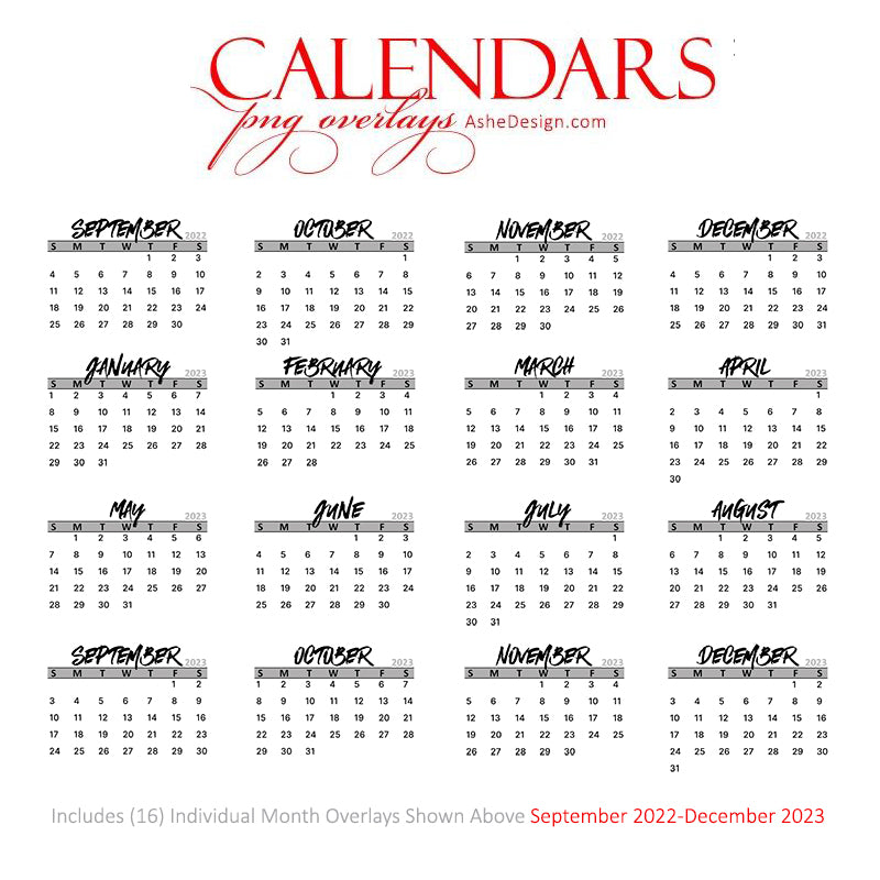 Designer Gems 16 Month Calendar Overlays 2022 to 2023 AsheDesign