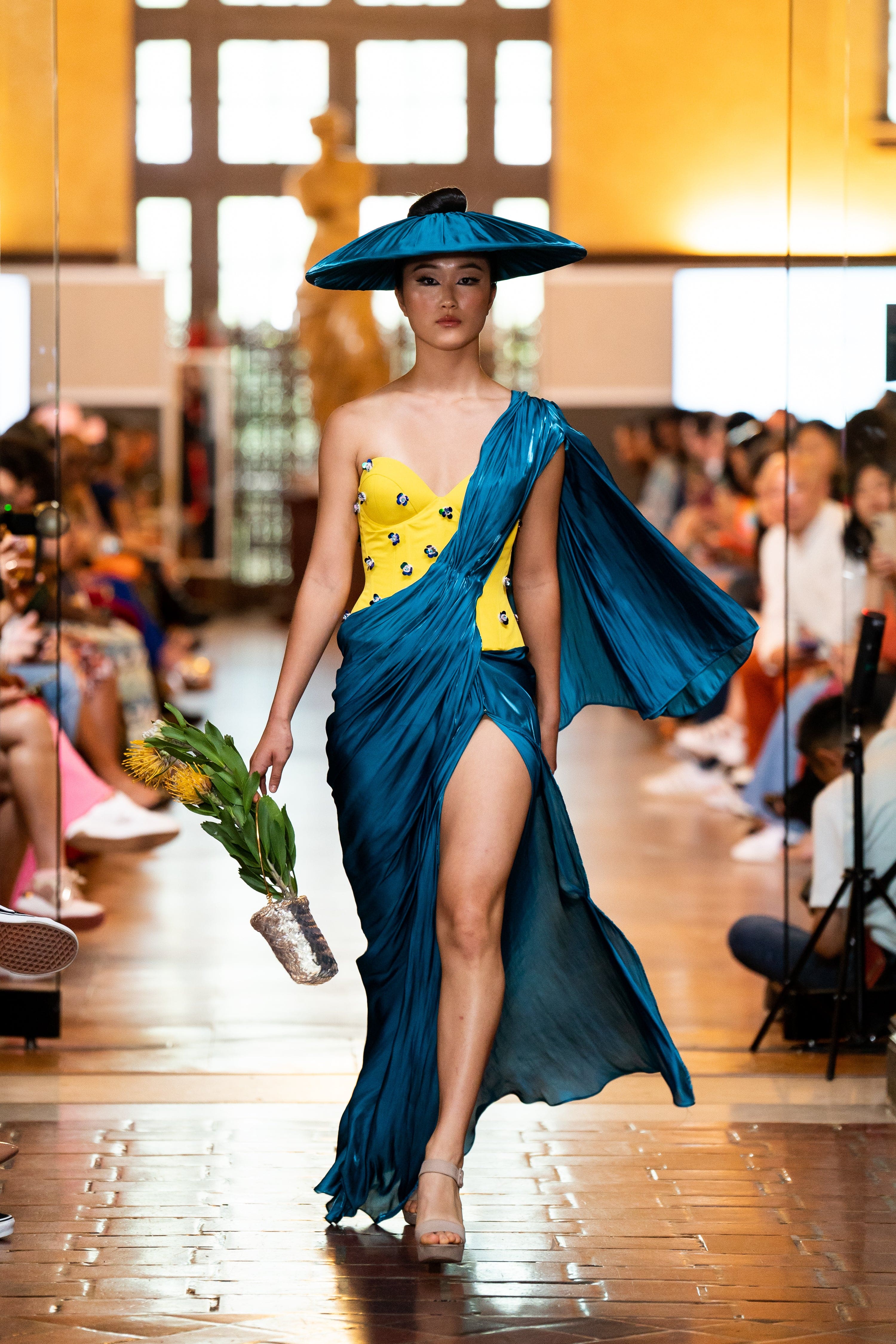 Yellow Flower Corset with Teal Drape Dress