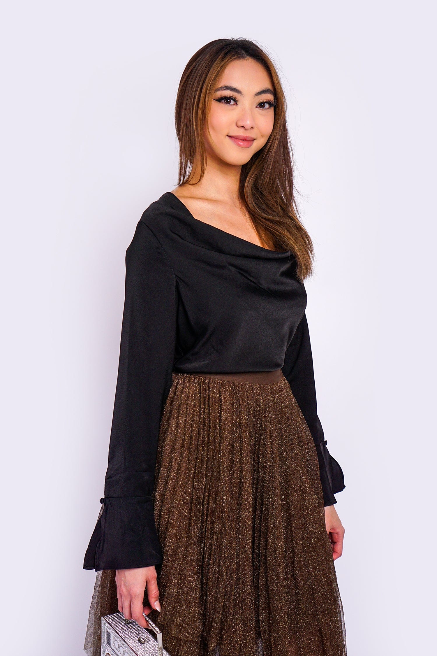 Black L/S draped neck top with tie back