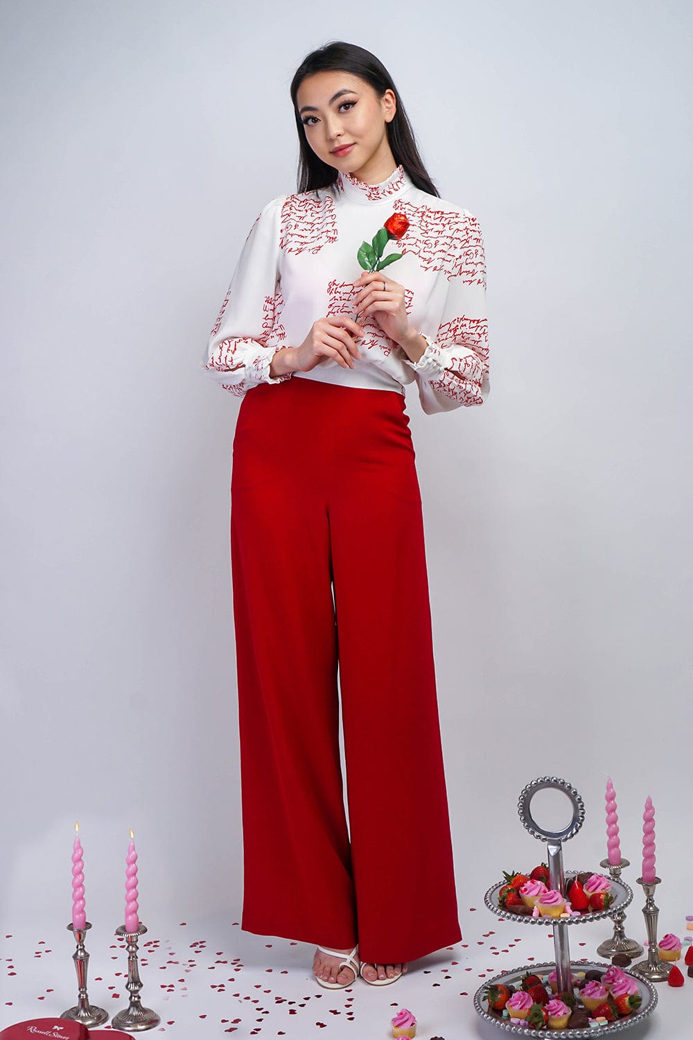 Red Pleated High Waist Wide Leg Kira Pants - Chloe Dao