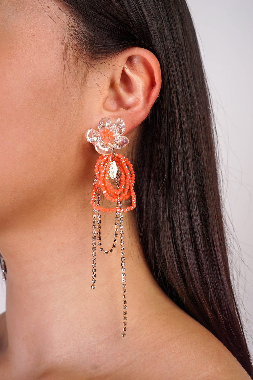 Coral Alloy Diamond Claw Chain Geometric Beaded Tassel Flower Drop Earrings