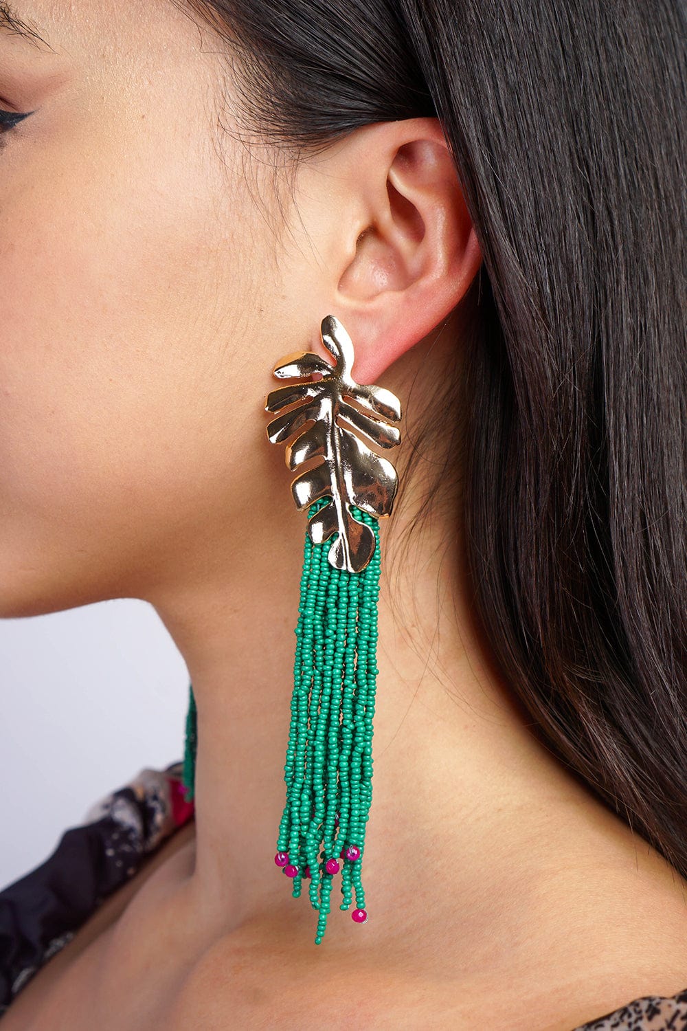 Green Alloy Long Rice Beads Tassel Leaf Earrings