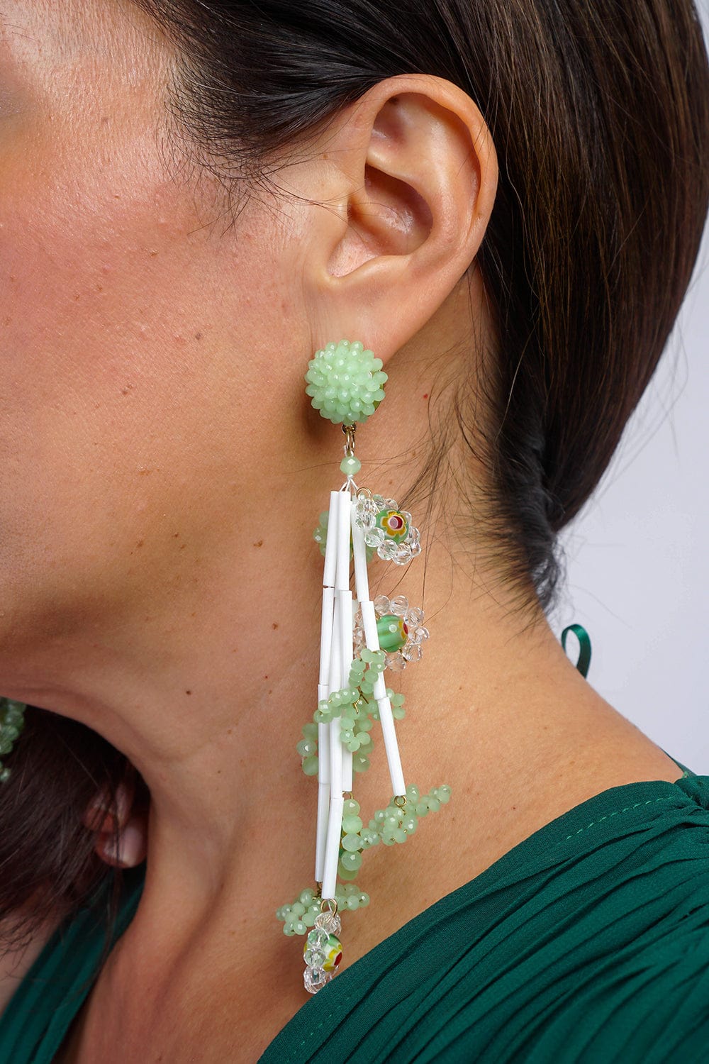 Green Crystal Beaded Braided Flower Drop Earrings