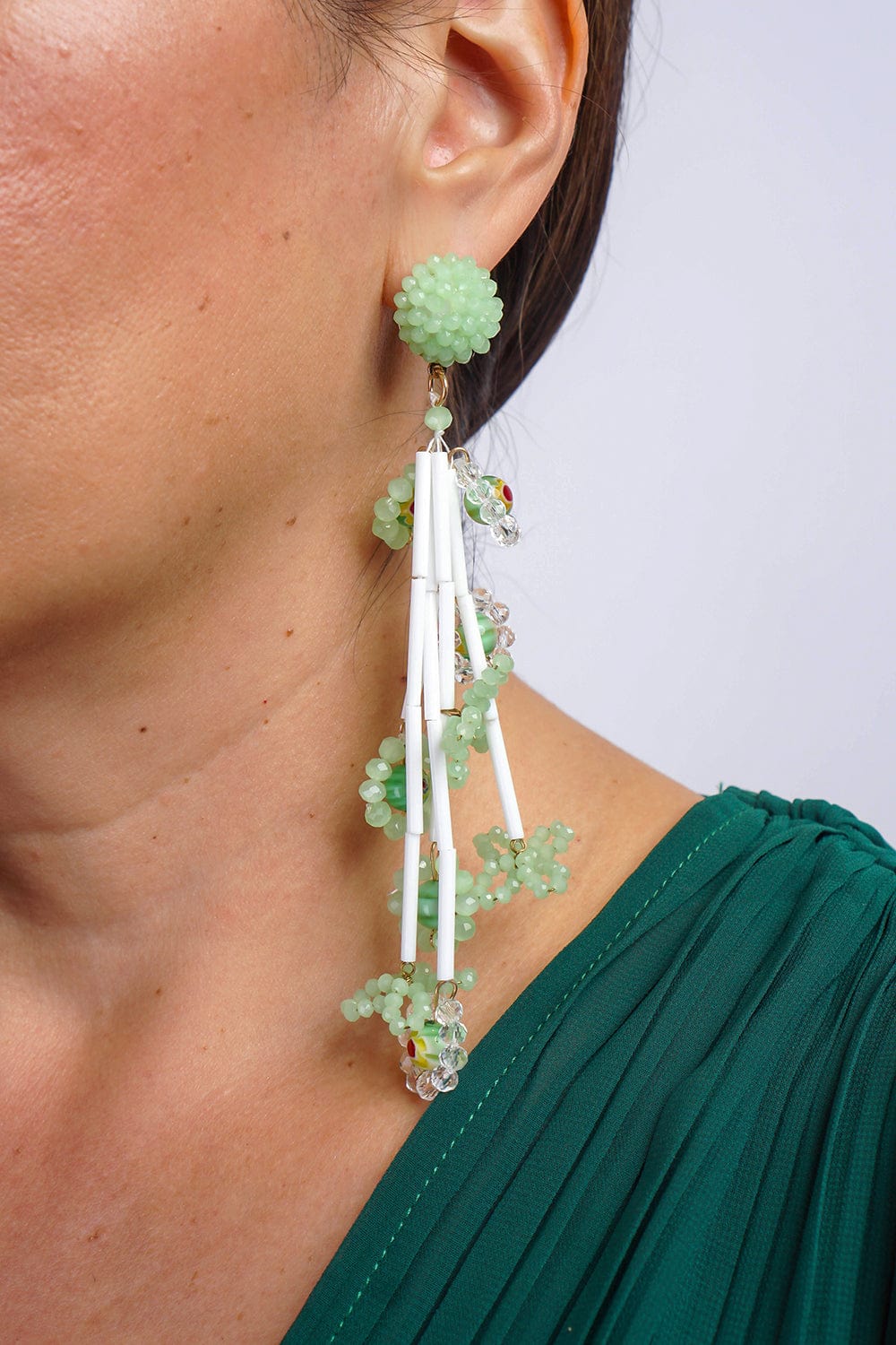 Green Crystal Beaded Braided Flower Drop Earrings