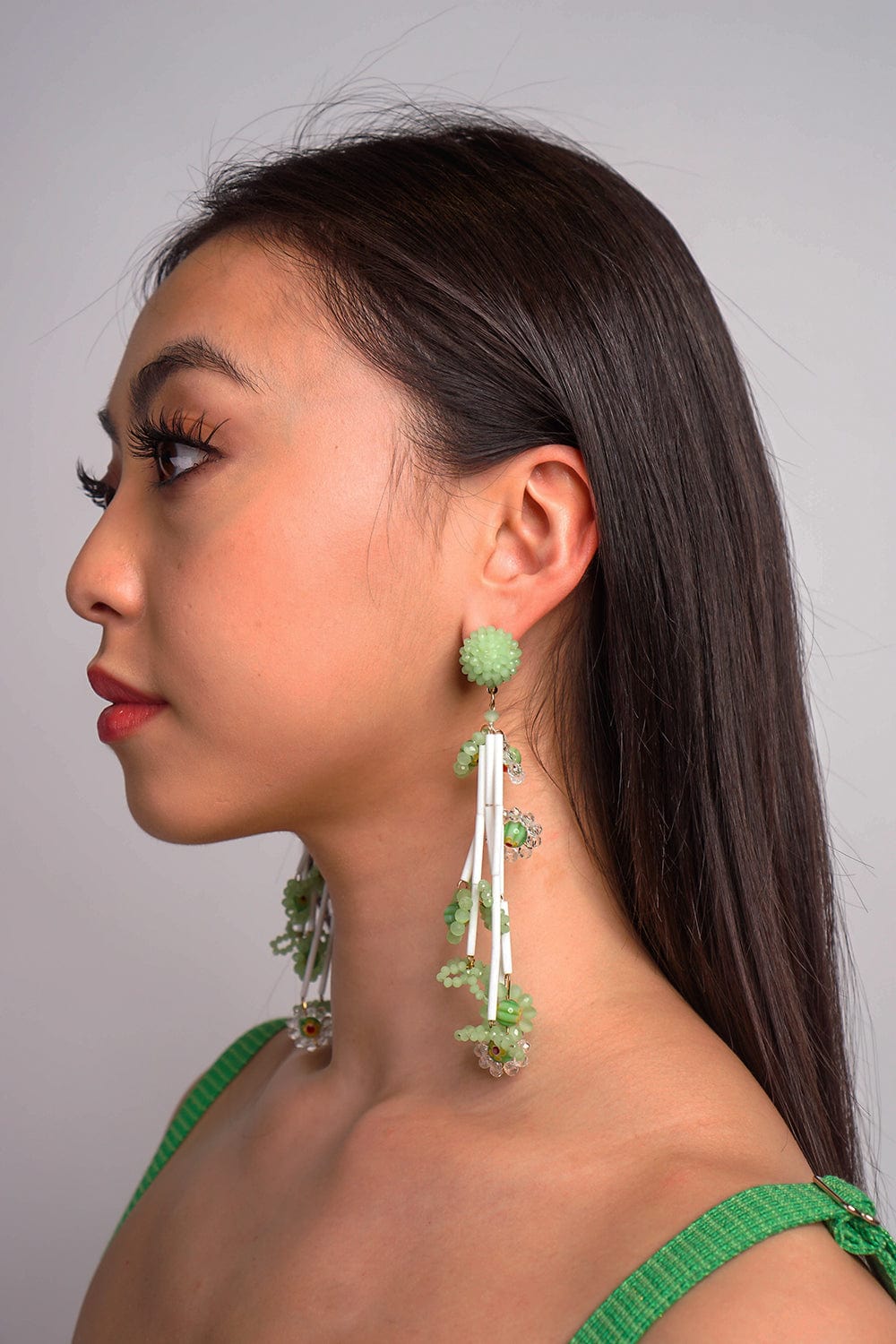 Green Crystal Beaded Braided Flower Drop Earrings