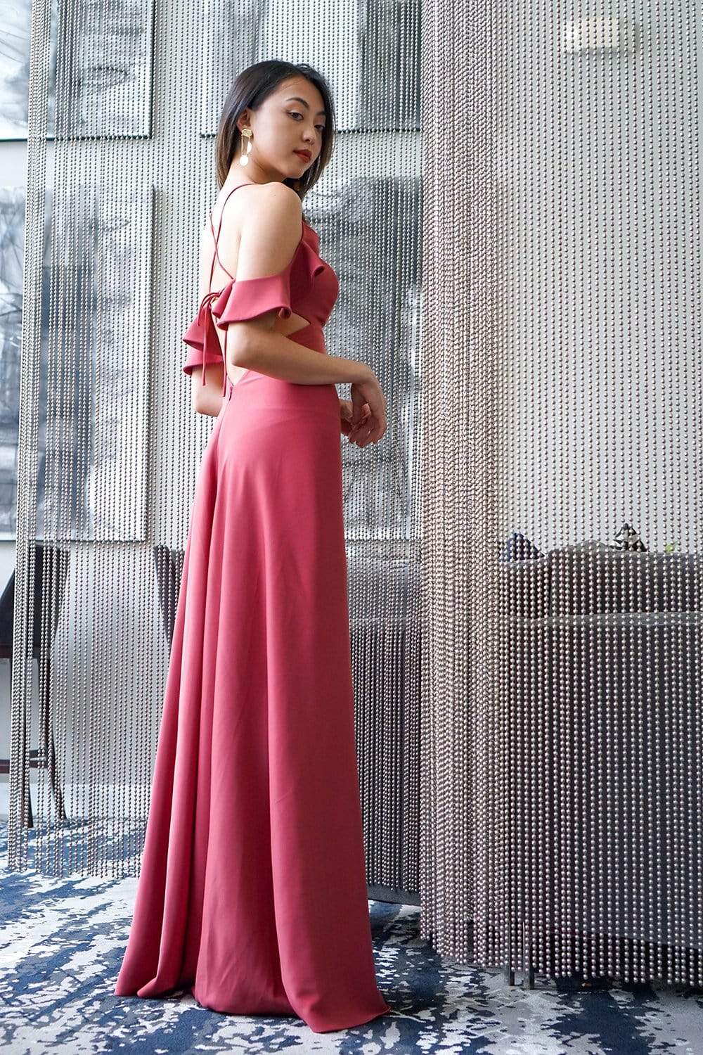 Dusty Rose Shoulder Ruffle Kellen Gown