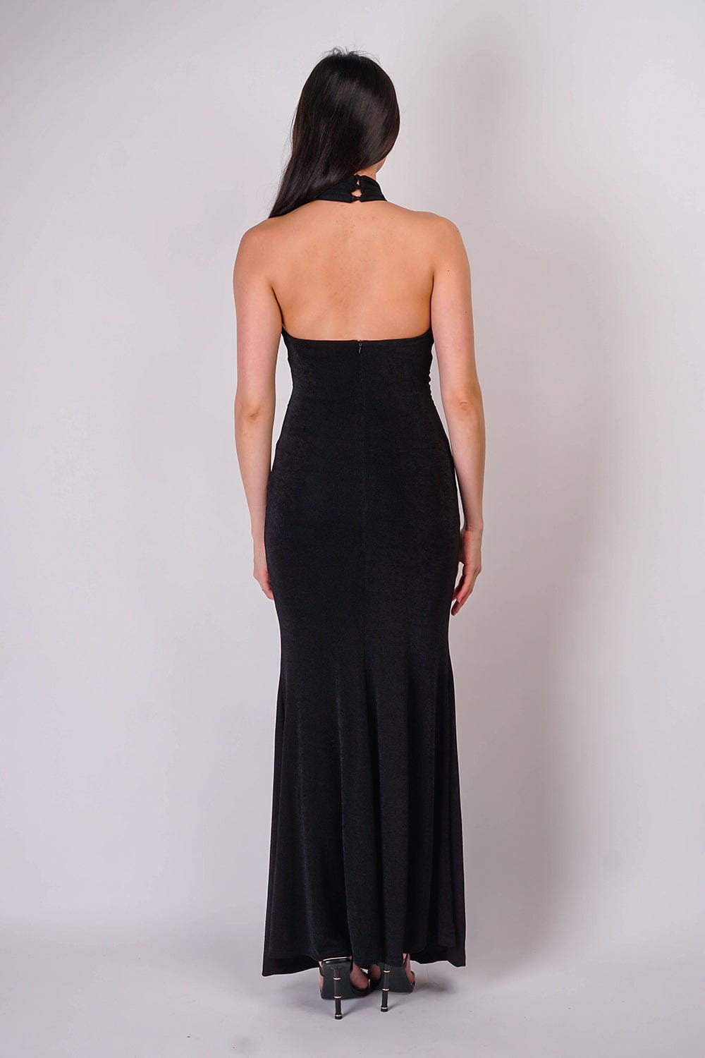 Black Halter Open Front Jersey Gown