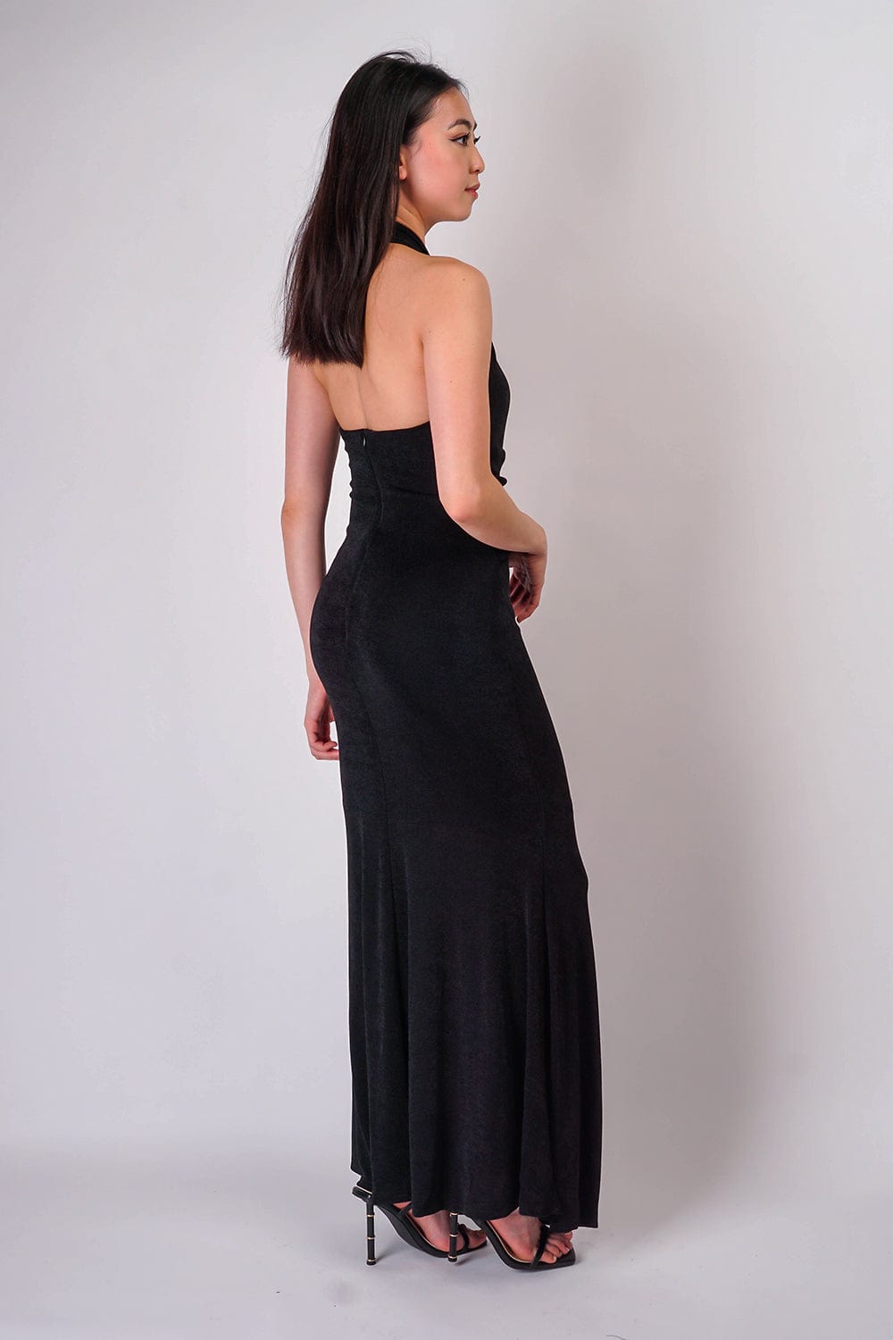 Black Halter Open Front Jersey Gown