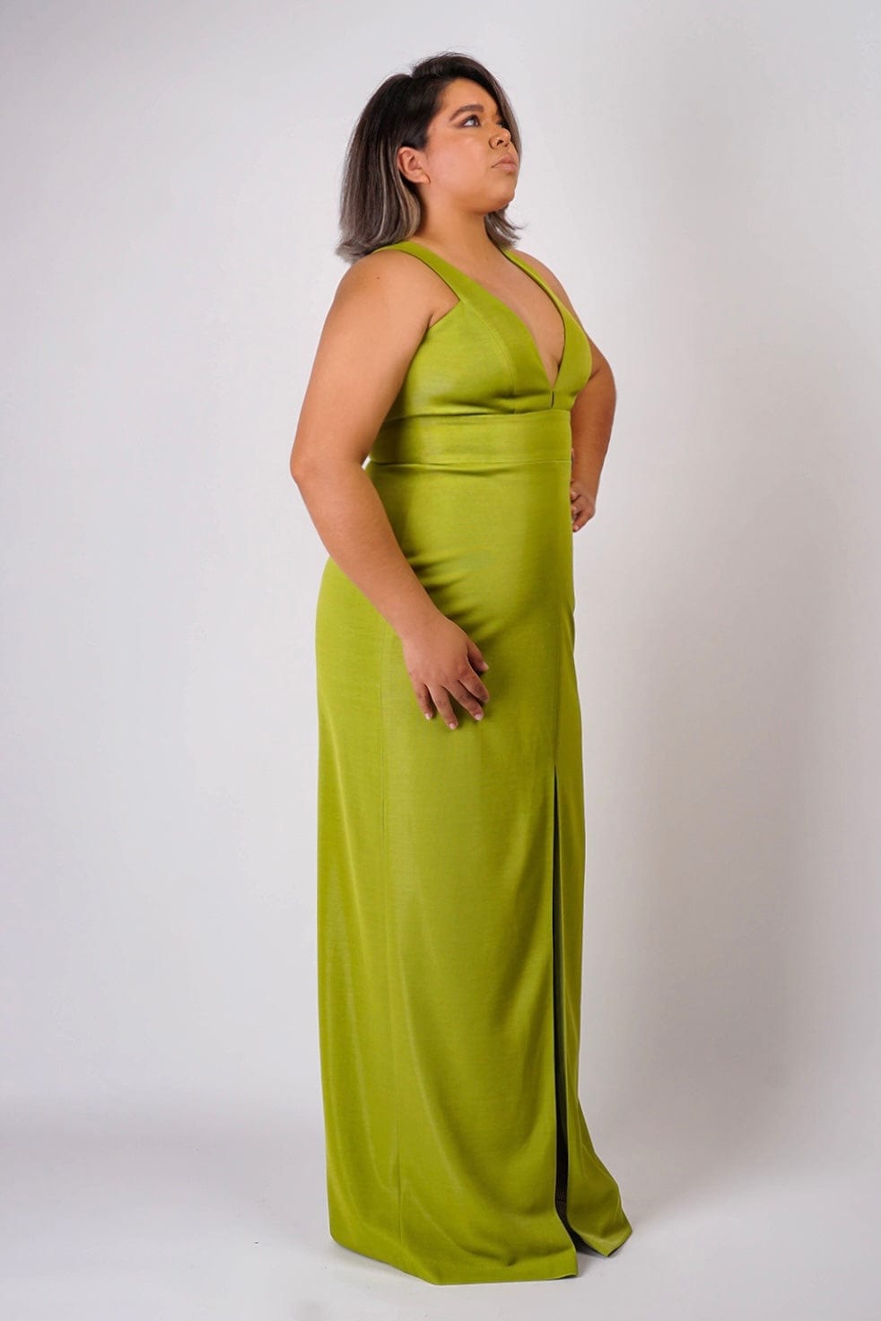 Chartreuse Luxe Slim V Neck Sonaya Gown