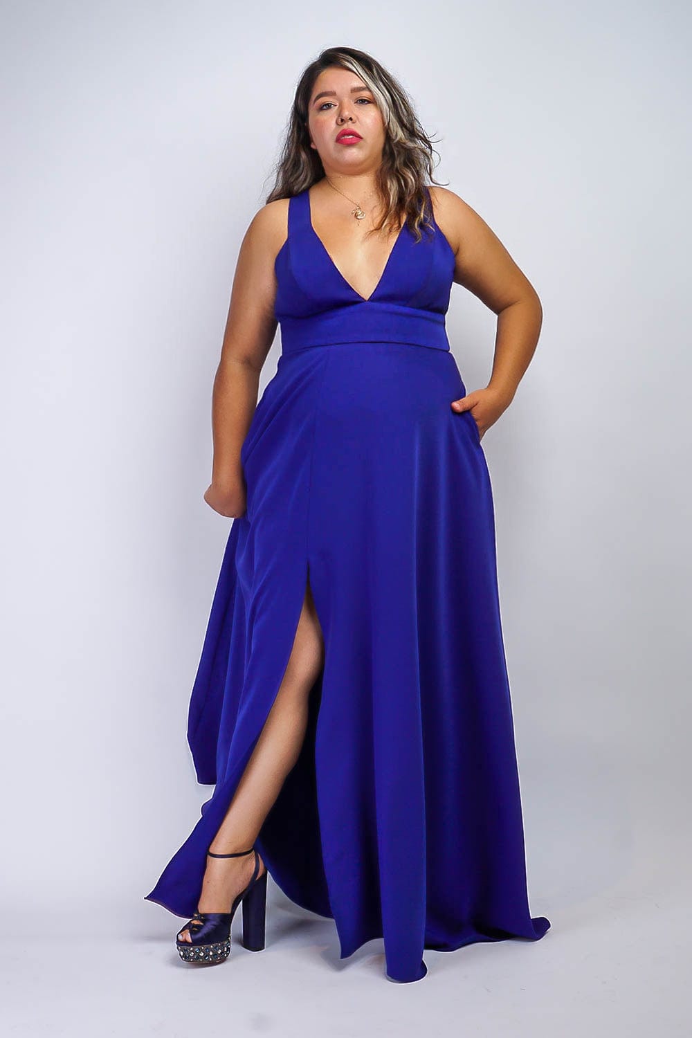 Cobalt Blue V Neck Front Slit Soraya Gown