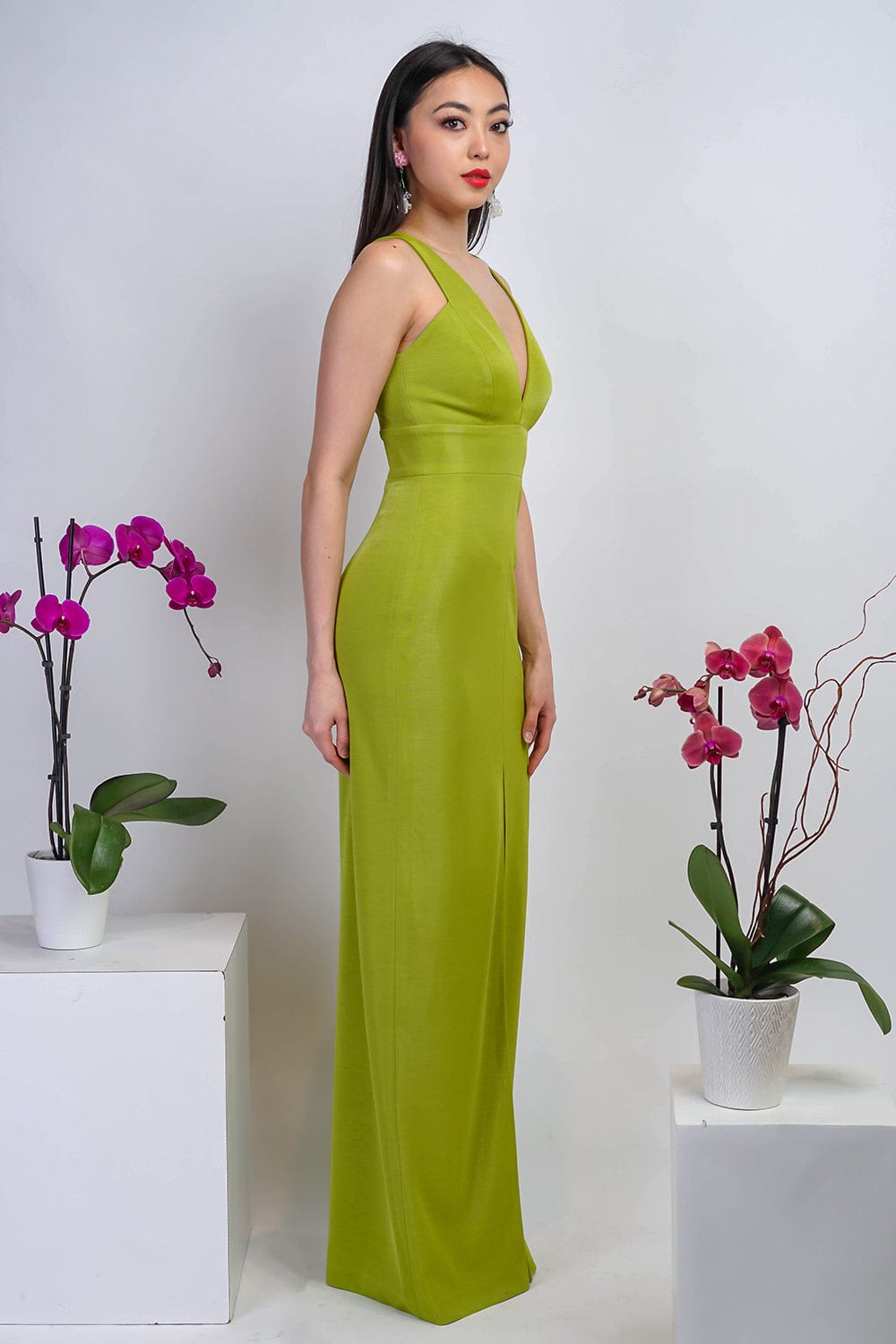 Chartreuse Luxe Slim V Neck Sonaya Gown