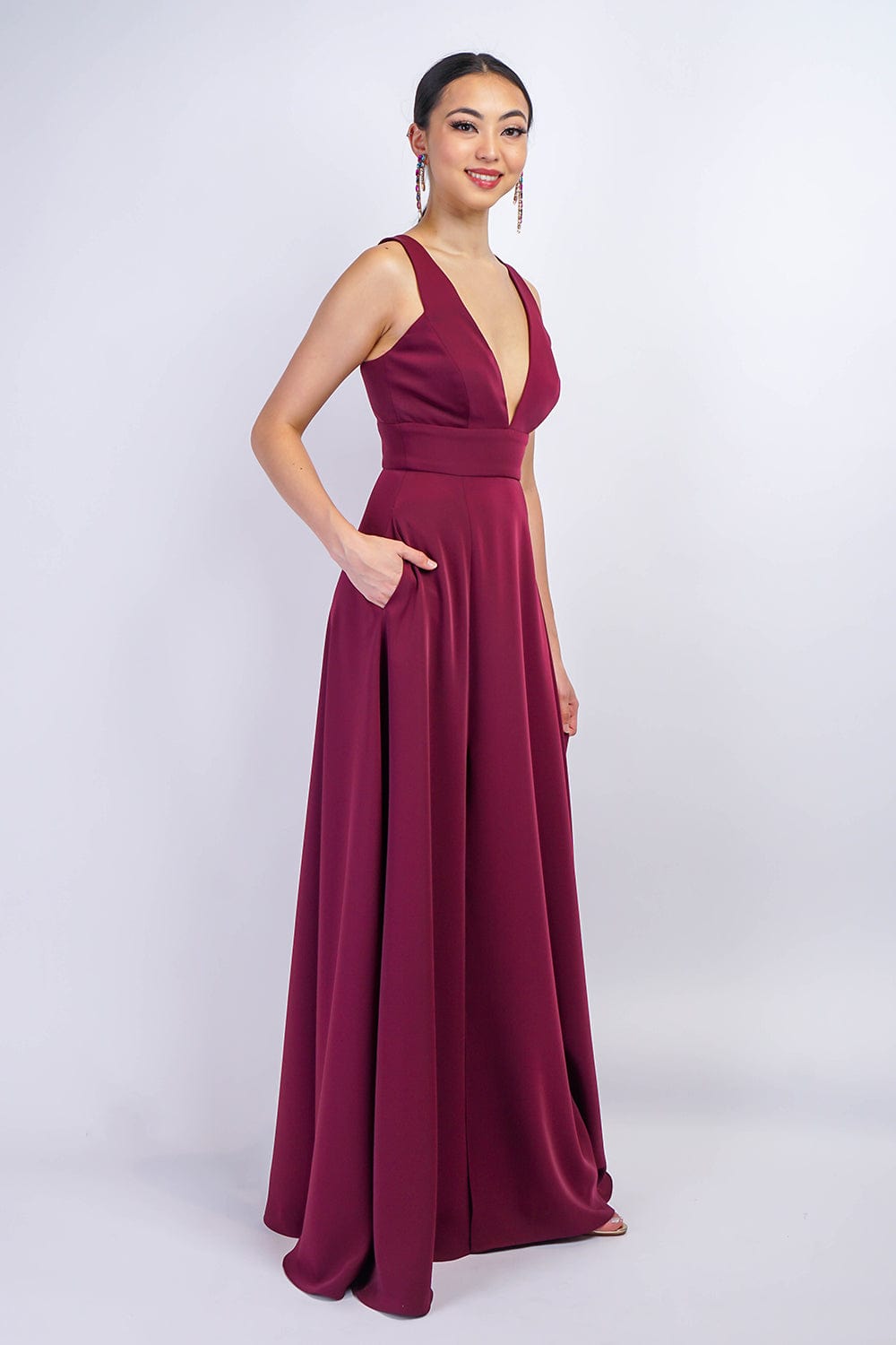 Maroon V Neck Front Slit Soraya Gown