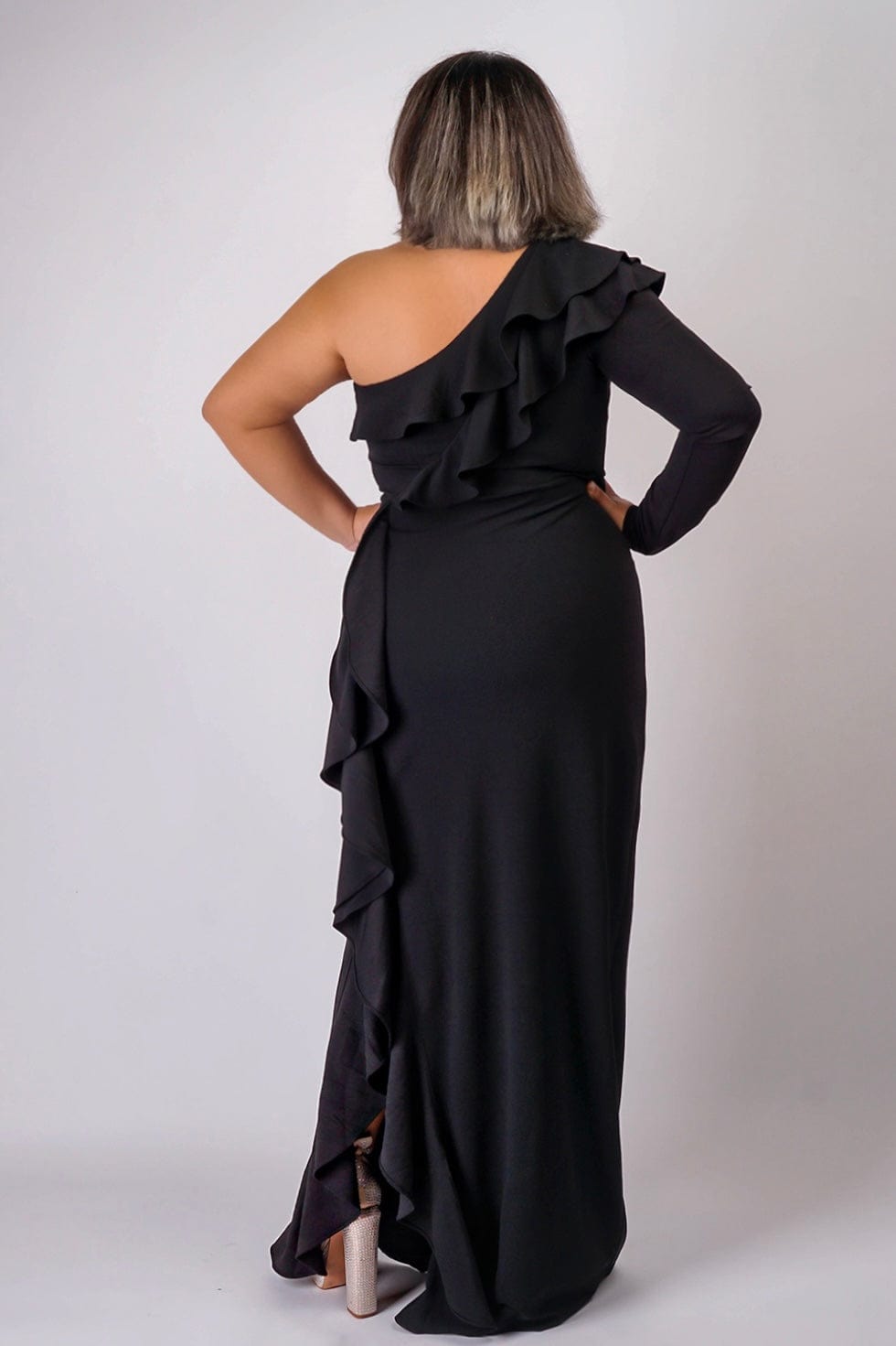 Plus Black  One  Shoulder Ruffle  Gown