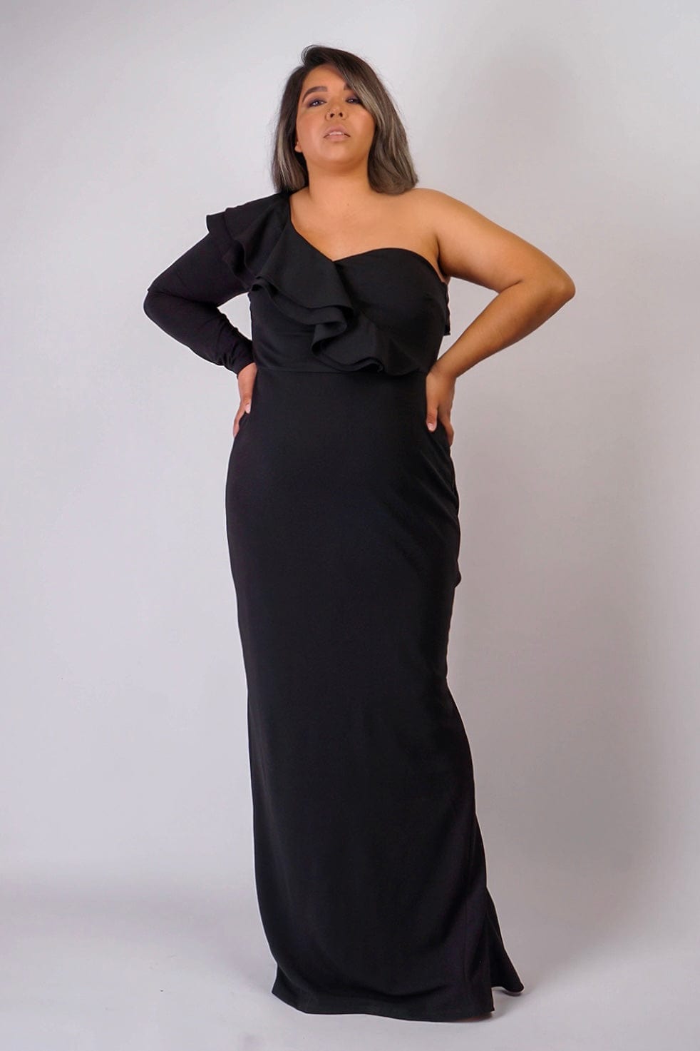 Plus Black  One  Shoulder Ruffle  Gown