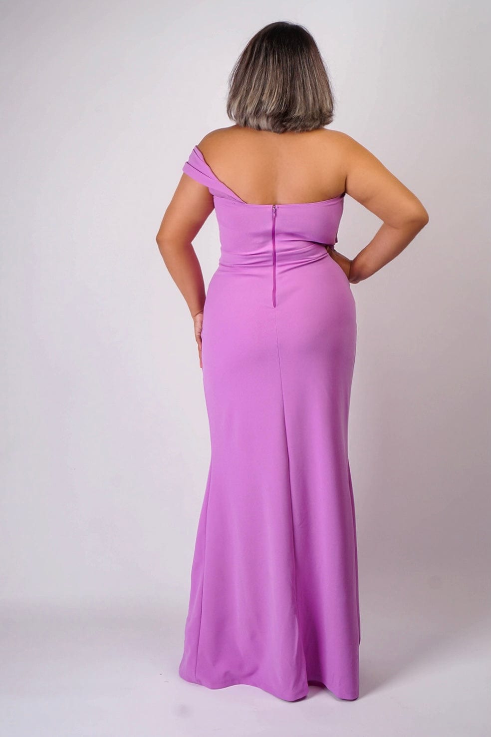 Plus Lavender One Shoulder Drape with Rhinestone Gown