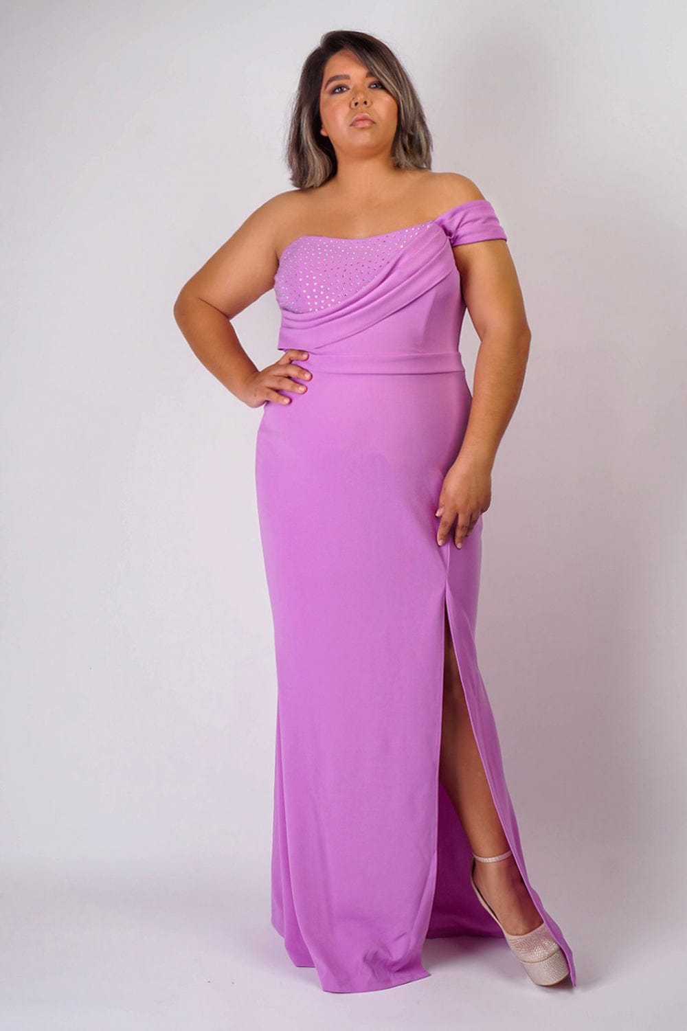 Plus Lavender One Shoulder Drape with Rhinestone Gown