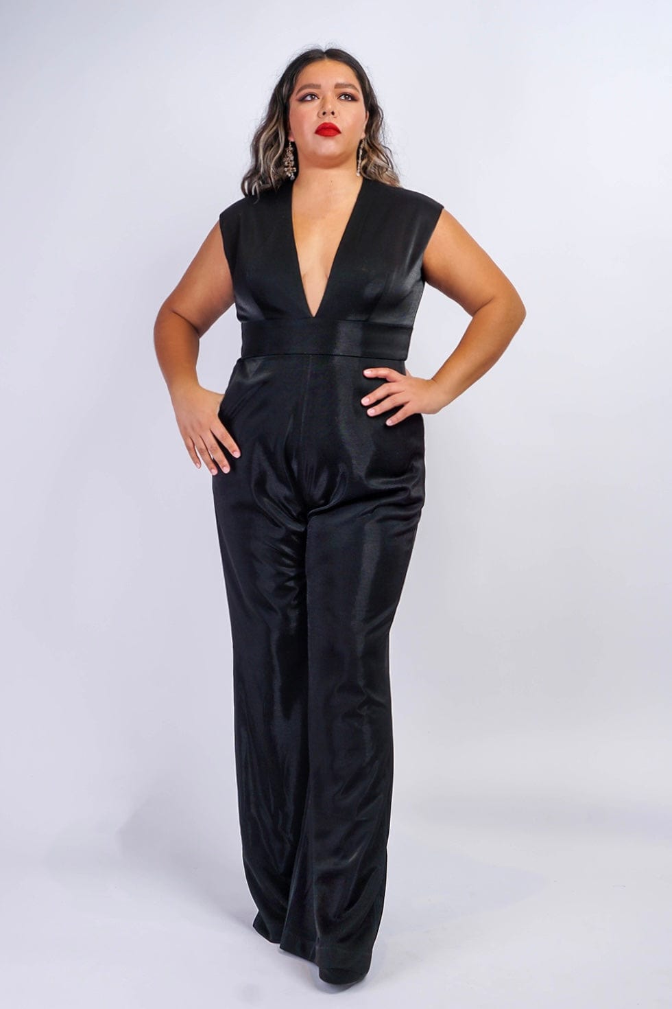 Black Lux Sheen V Neck Aiden Jumpsuit