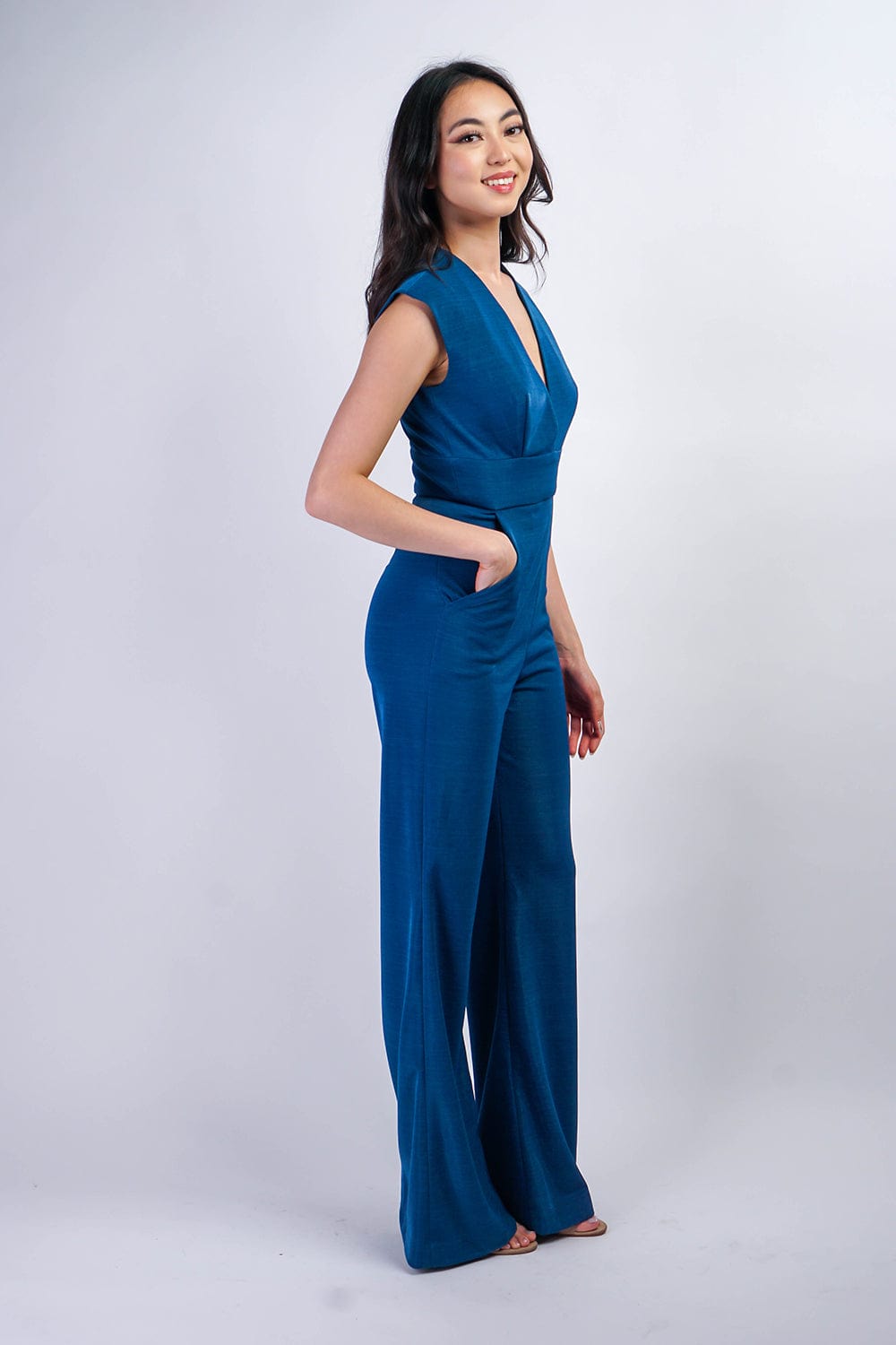 Sapphire Blue Luxe V Neck Aiden Jumpsuit