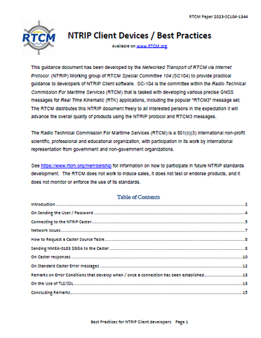 RTCM Paper 2023-SC104-1344, NTRIP Client Devices / Best Practices cover page