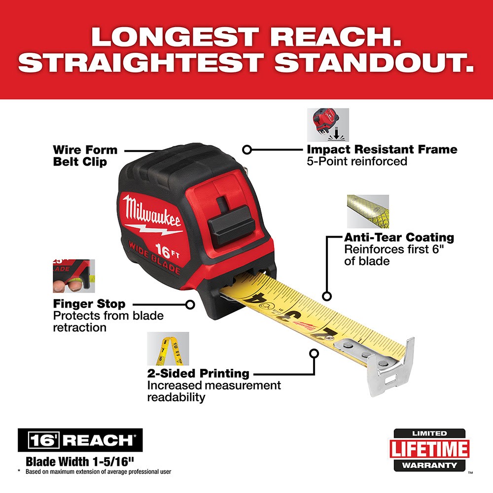 Milwaukee 48-22-0416 16' Compact Wide Blade Tape Measure