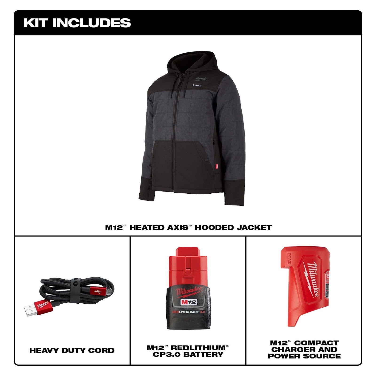 Contents of Heated AXIS Jacket: Jacket, Heavy Duty Cord, Battery, and Charger