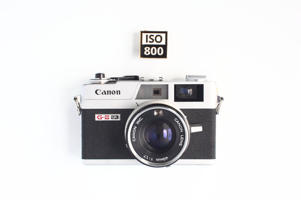 Canonet QL GIII SLR 35mm Film Camera with TogTees ISO 800 Enamel Pin