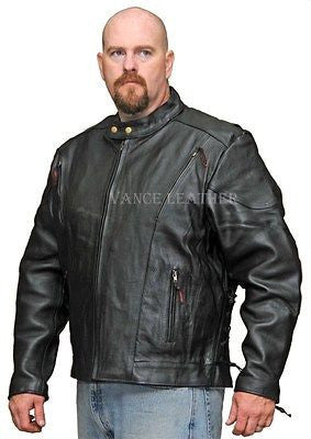 Men's Motorcycle scoter side lace leather jacket with kidney padding b ...