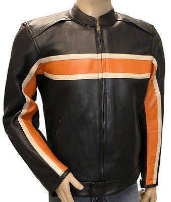 MEN'S VENTED MOTORCYCLE LEATHER JACKET WITH ORANGE STRIPE VENTS & ARMO ...