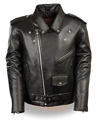 Men's riding classic biker police style Blk Leather jacket with side l ...